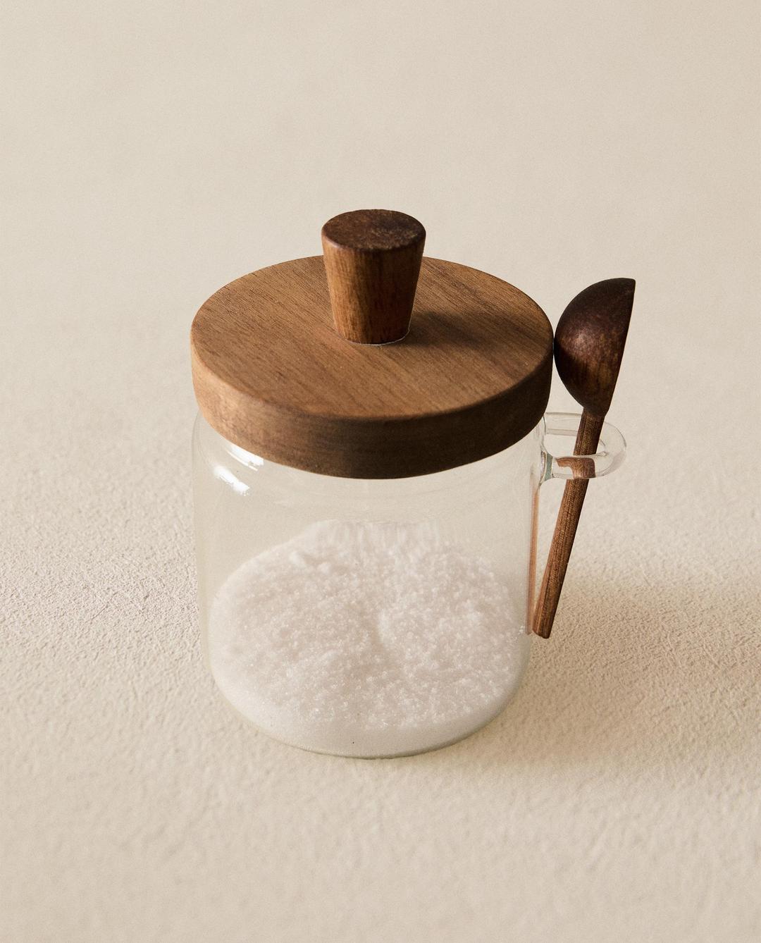 BOROSILICATE GLASS AND WOOD SUGAR BOWL