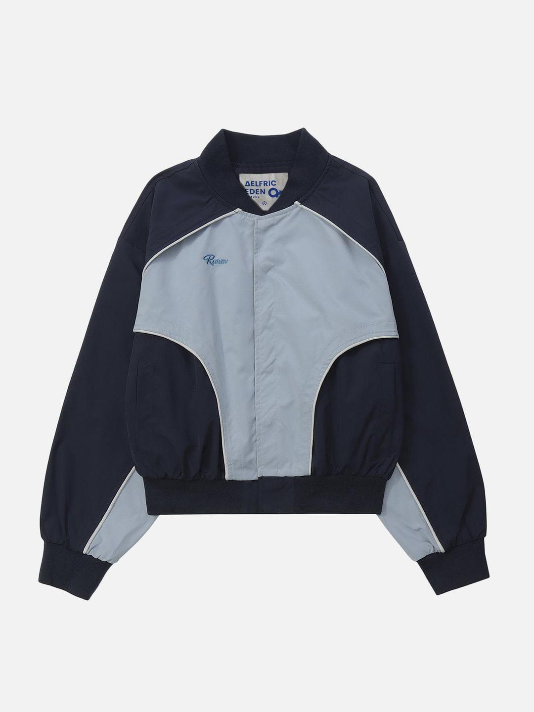 Double Layer Contrast Panel Bomber Jacket - Blue / S