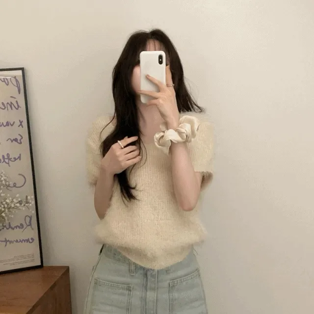 (봄준비) 뮤슈 페더 퍼 반팔 니트(3color)