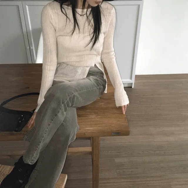 로힐 버튼 트임 골지 시스루 긴팔 니트