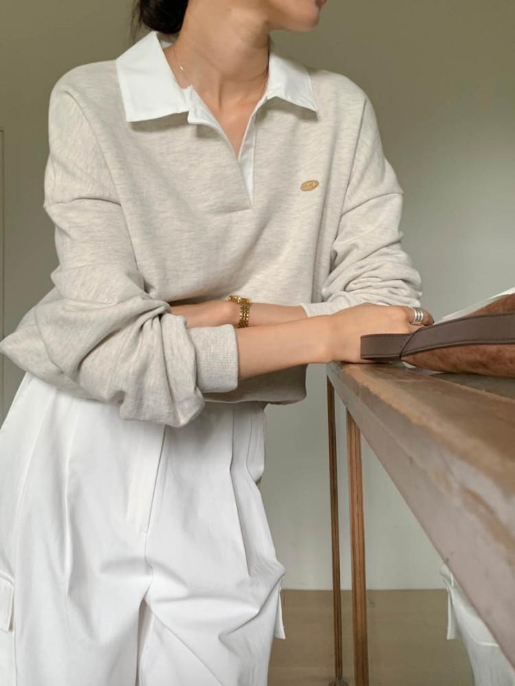 심볼 와펜 배색 카라 맨투맨 (스트라이프,무지)