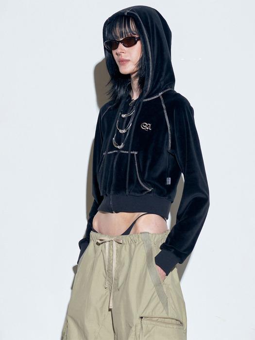 Velour Crop Zip-Up Hoodie Black