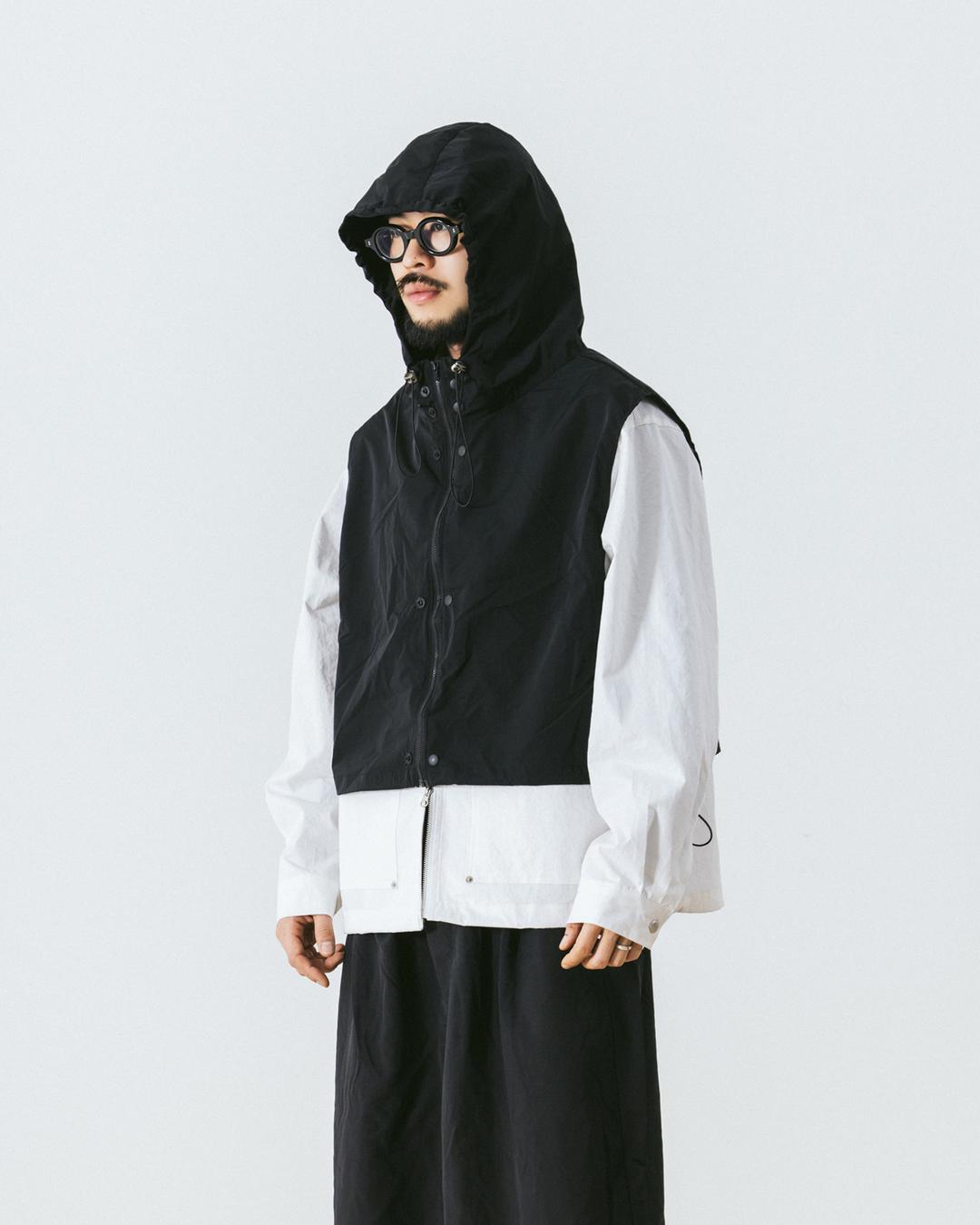 Nylon Layered Crop Hoodie - Black