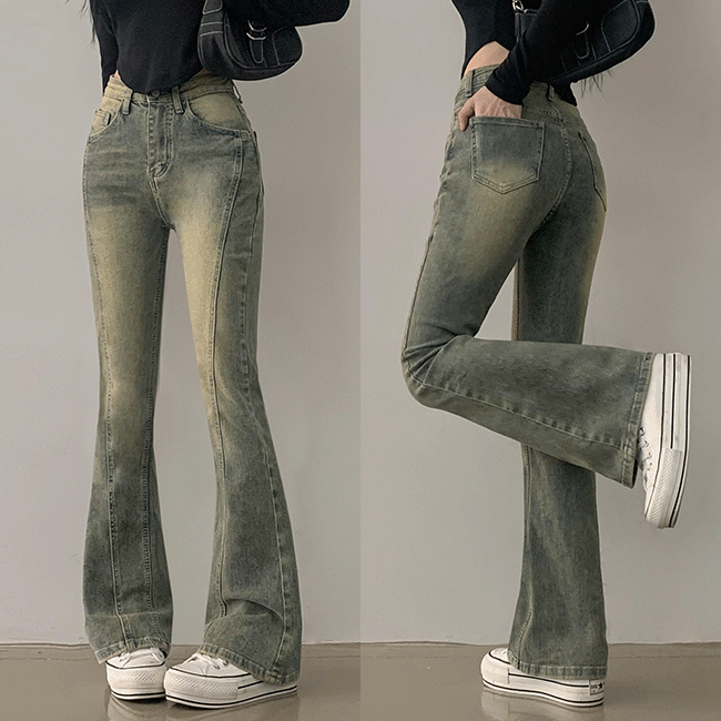 [숏,롱/기장선택/핏맛집!] 로치 하이웨스트 부츠컷 절개라인 캣워싱 데님 팬츠 (6color)