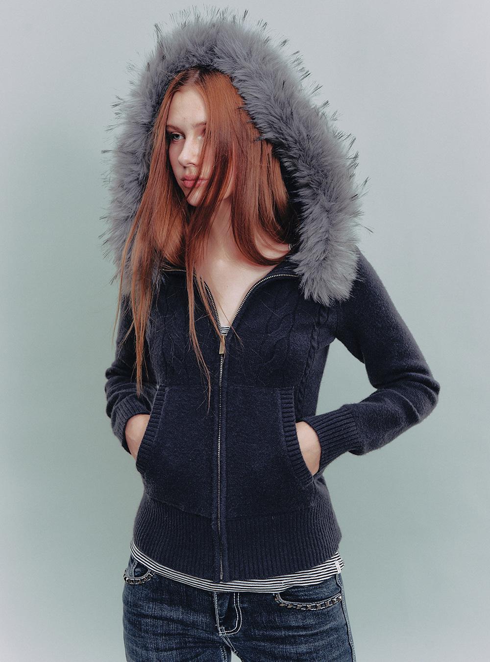 Navy Fur Hooded Zip-Up Knit Jacket