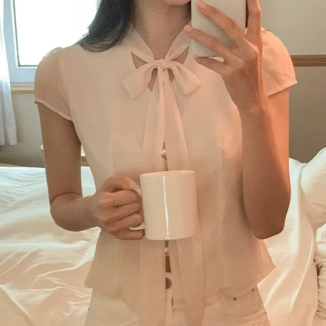 [💘M.PICK] 썸머 시스루 타이 블라우스 - 4 color