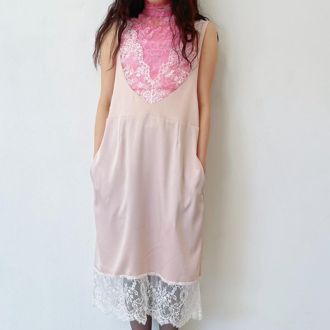 chemise dress / pink × white lace / サテンレースドレス - PNK×WH lace / FREE