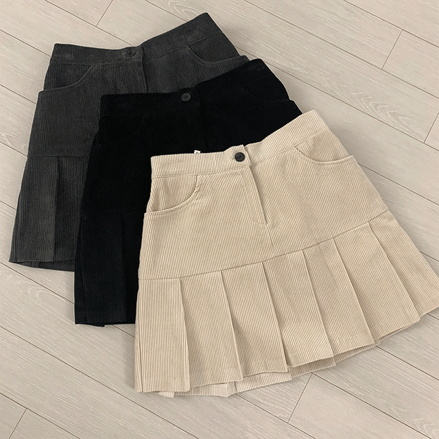 [ 하이틴 ! ] A라인 골덴 코듀로이 플리츠 테니스 밴딩 포켓 미니 스커트