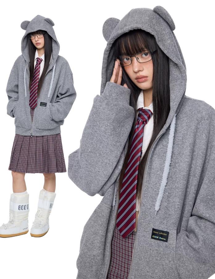 EZEK 곰 귀 드로스트링 후드 집업 가디건 (2color)