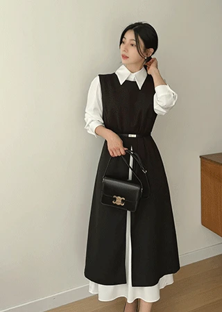 [하객룩] 레이어드 배색 뷔스티에 원피스