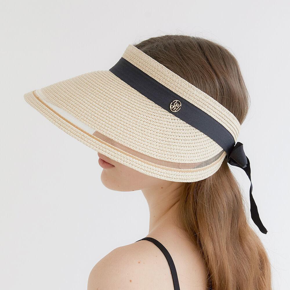 mesh ribbon logo pendant raffia sun visor (C008_ivory)