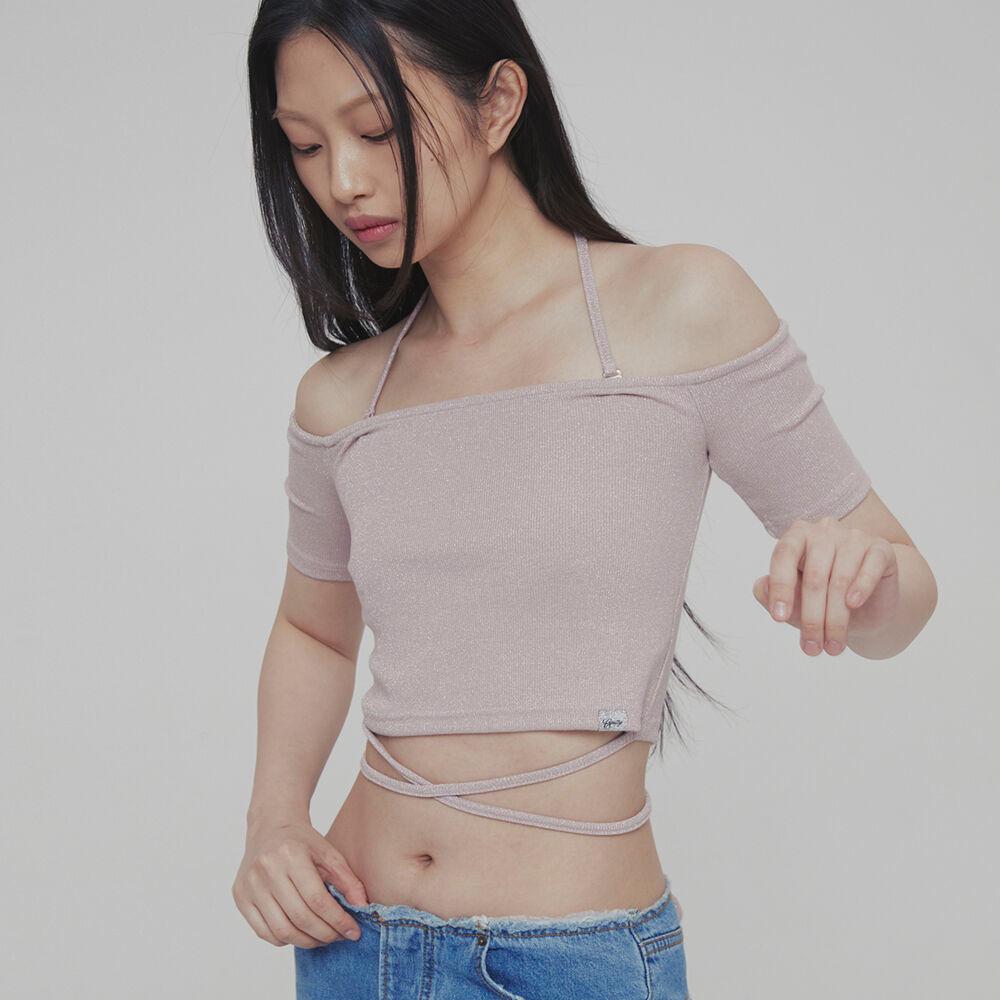 C OFF-SHOULDER STRING T-SHIRT_PINK