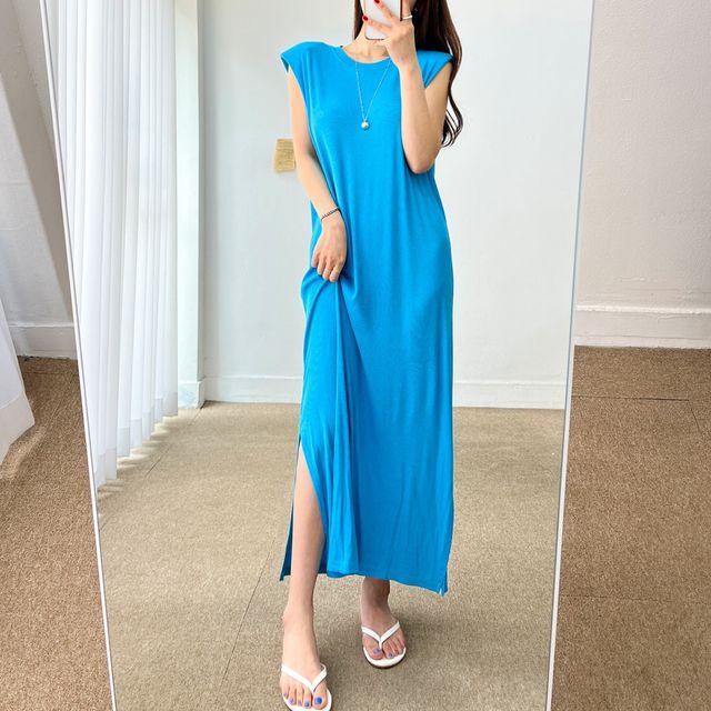 (무배) 스판 잔골지 어깨 패드 나시 루즈핏 맥시 롱 트임 원피스 4color