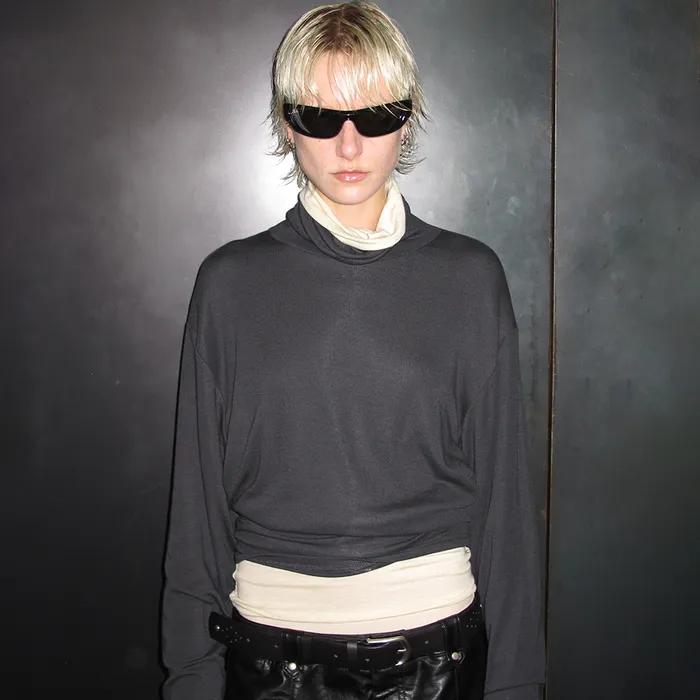 WOOL TURTLE NECK LONG SLEEVE TOP, CHARCOAL