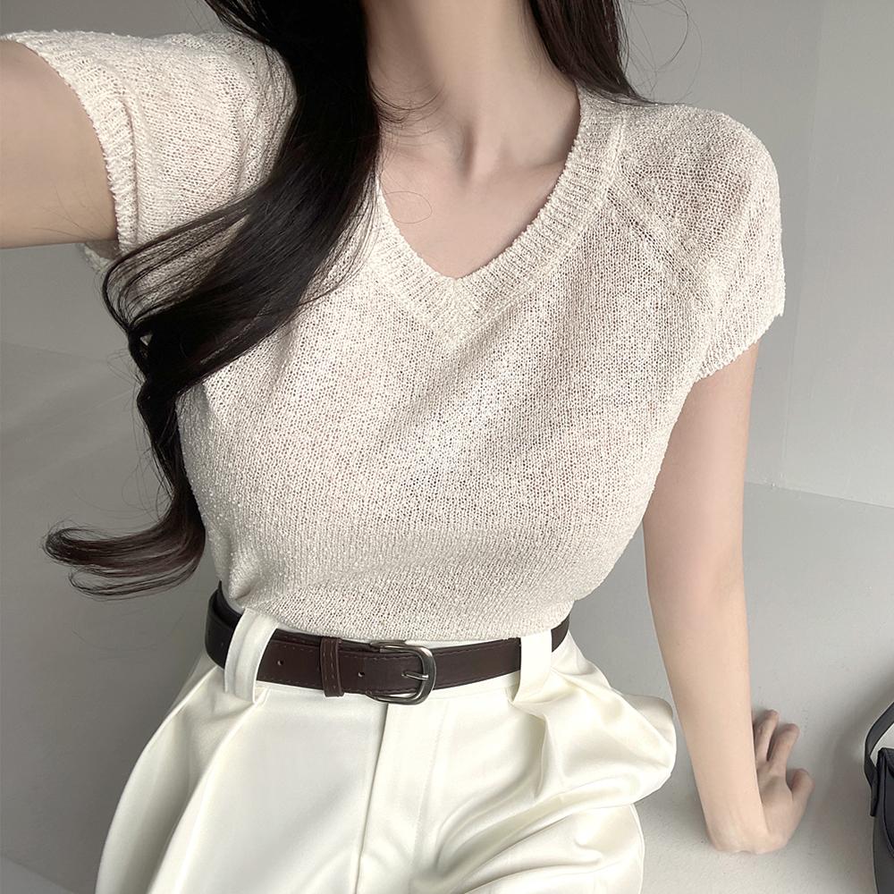 가나다란 [여름특화원단🔥] 가나다란 아메이 린넨 브이넥 썸머 쿨 부클 반팔 니트 6color