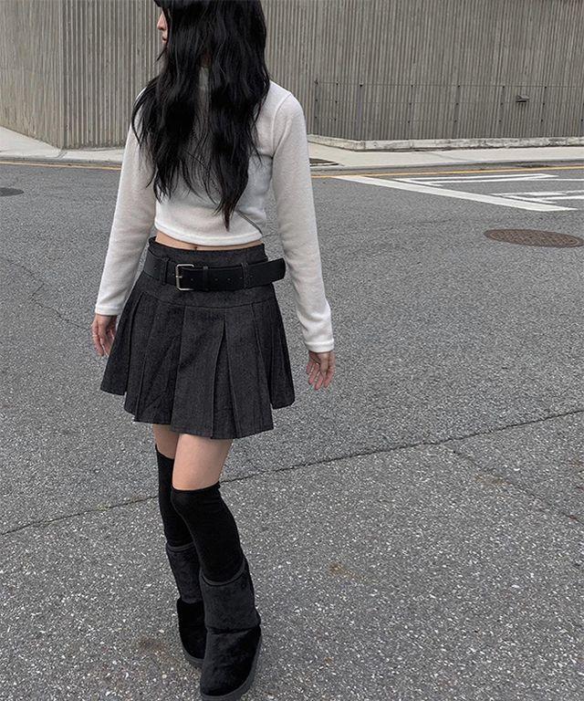 비코 흑청 벨트 플리츠 미니 스커트