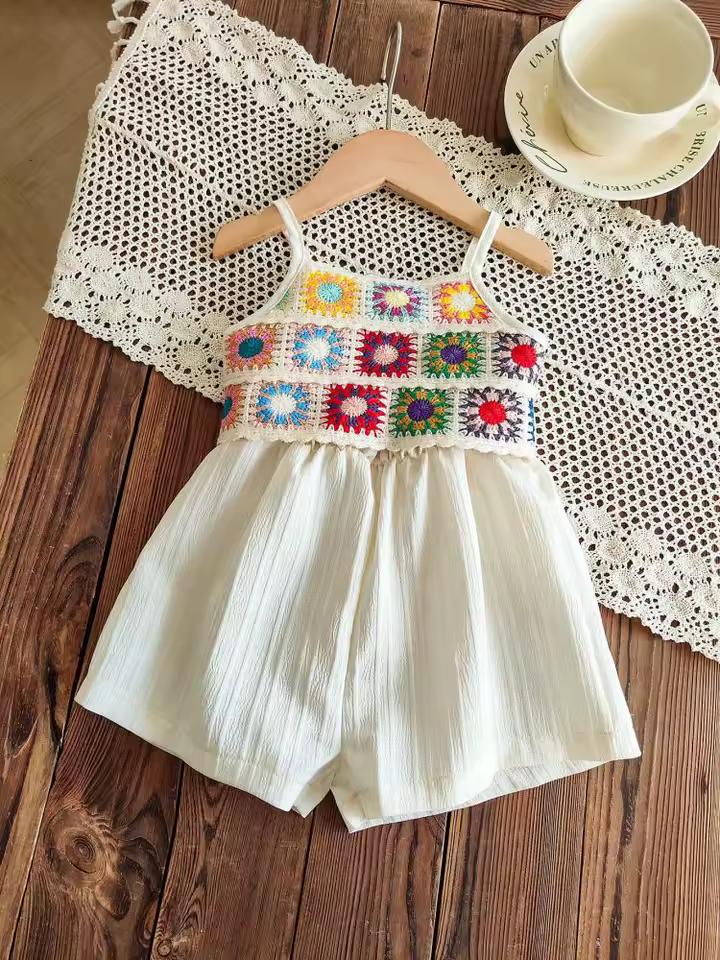 여름 소녀 Romper 캐주얼 데일리 스타일 복고풍 다채로운 꽃 패턴 컴포트 홀터넥 민소매 Romper 반바지 아동 의류