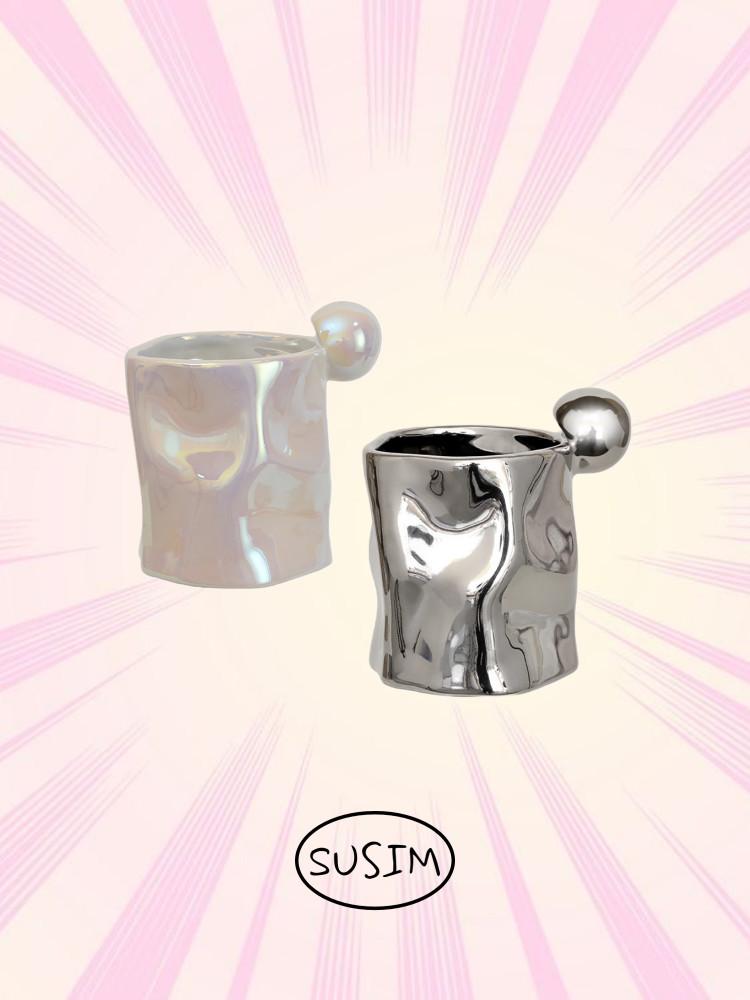 수심 Ball Cup 머그 컵 유니크 구겨진 잔 힙한 실버 홀로그램 심플 북유럽 글라스
