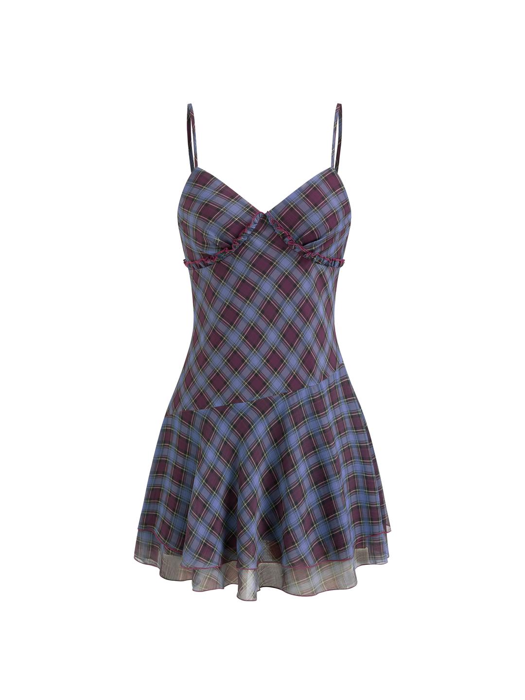 Chiffon Plaid V-neck Lettuce Trim Cami Mini Dress