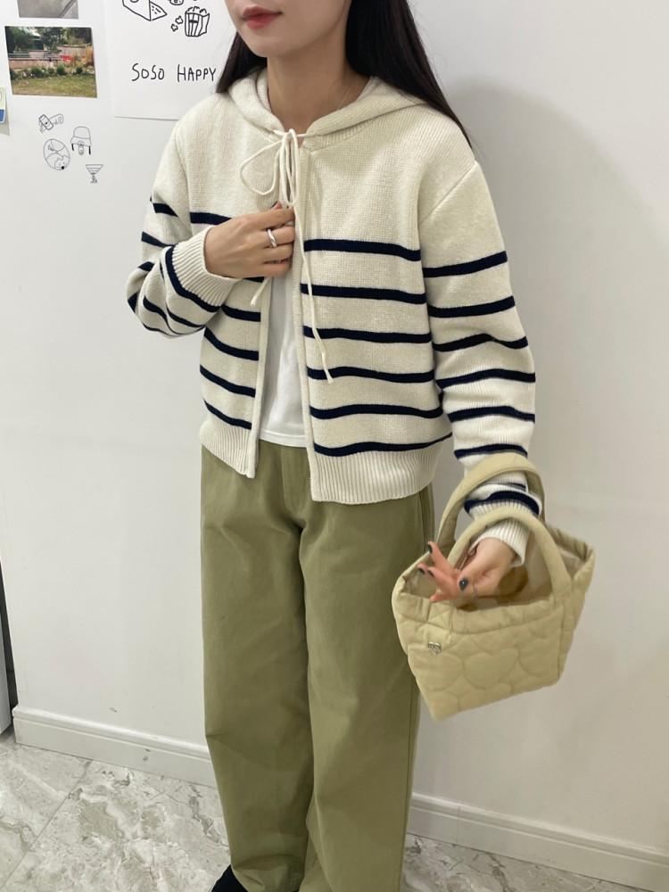 더블 니트 후드집업 단가라 스트라이프 아이보리 네이비 지퍼 크롭 여자 아우터