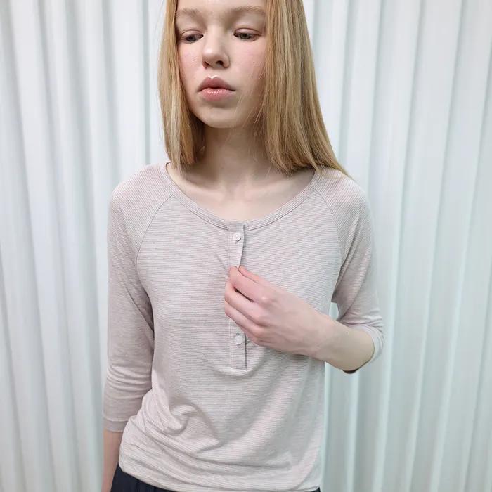 Striped Henley Neck Top - Lavender