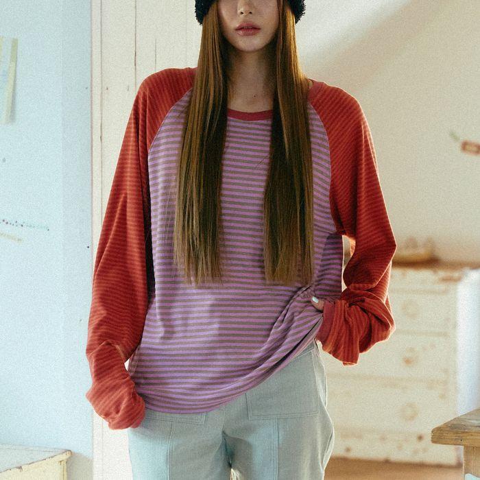 Stripe Raglan Sleeve Tee (Pink/Orange)