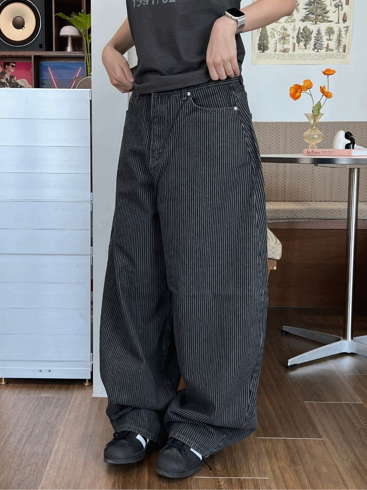 다크데이지 스트라이프 메가 힙 데님 롱 와이드 팬츠 벌룬 청바지