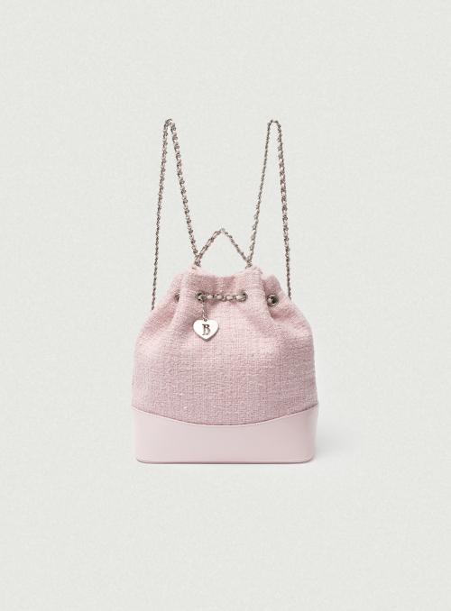 Tweed Drawstring Chain Backpack_Pink