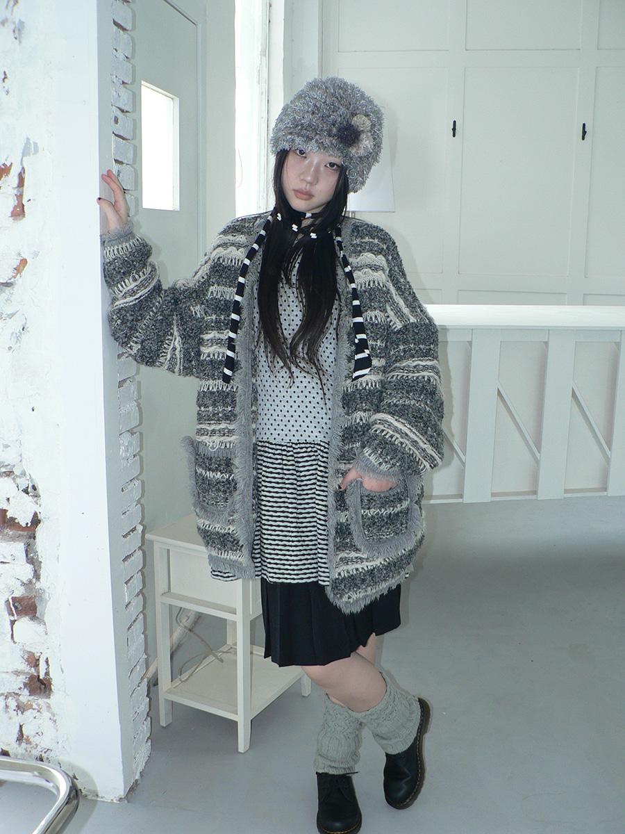 ang:project Tassel lace striped knit cardigan