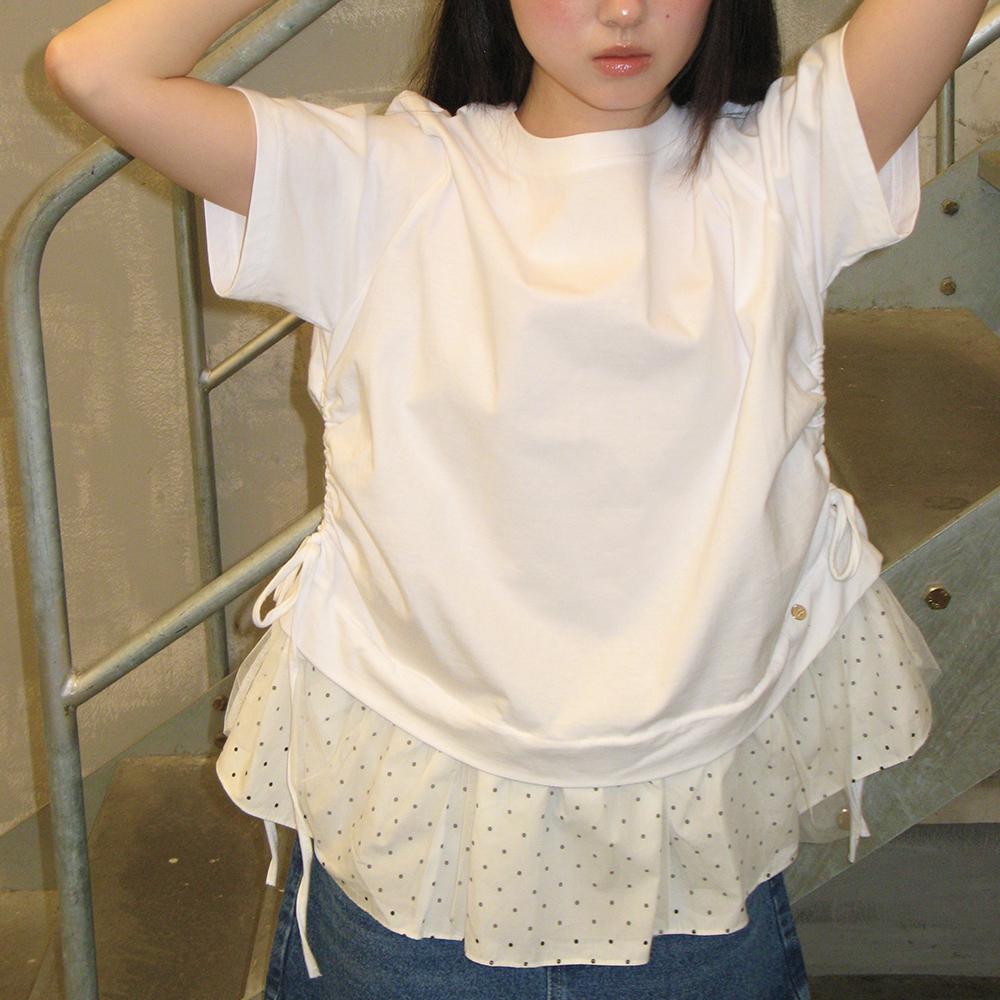 DOT MESH SHIRRING LAYERED LONG T SHIRT WHITE