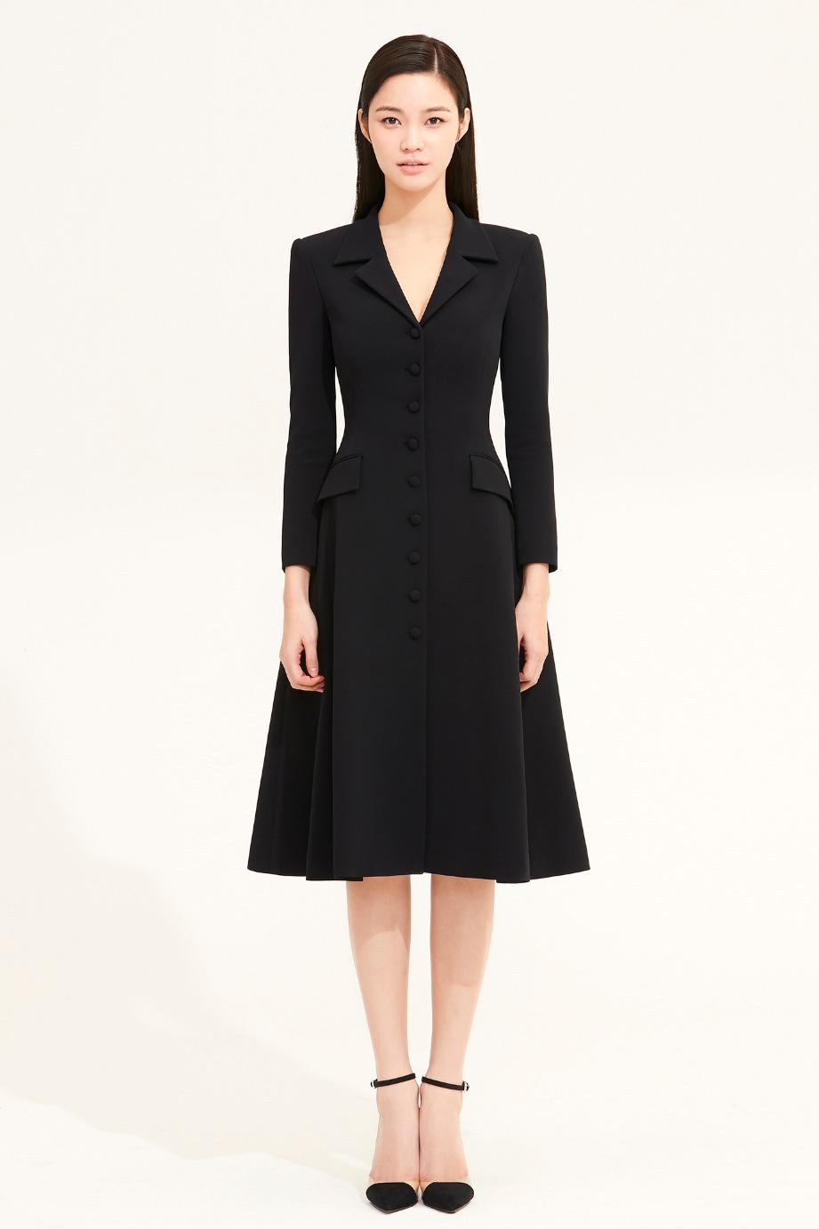 SLIM LINE BELTED FLARE CREPE COAT DRESS