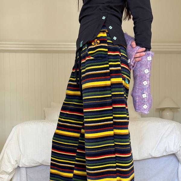 STRIPE FLEECE STRAP WIDE PANTS / navy