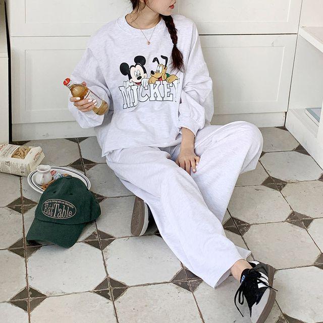 [세트가격/디즈니정품] 미키 긴팔 맨투맨 티셔츠 와이드 밴딩 팬츠 트레이닝 세트 츄리닝 바지 캐주얼 데일리 -BPST0146- 빅사이즈 루즈핏 오버핏 봄 가을