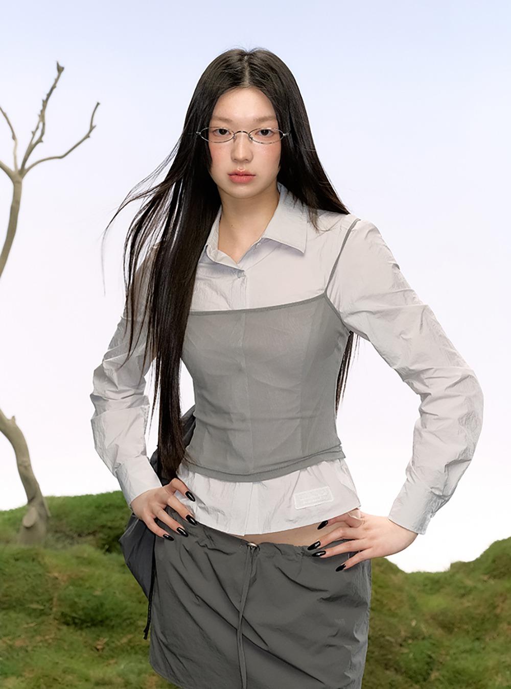Lace Label Shirt & Mesh Top Two-Piece Set