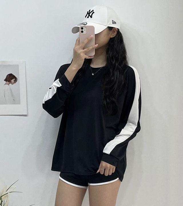 [비치웨어!] 배색 소매라인 박시 래쉬가드