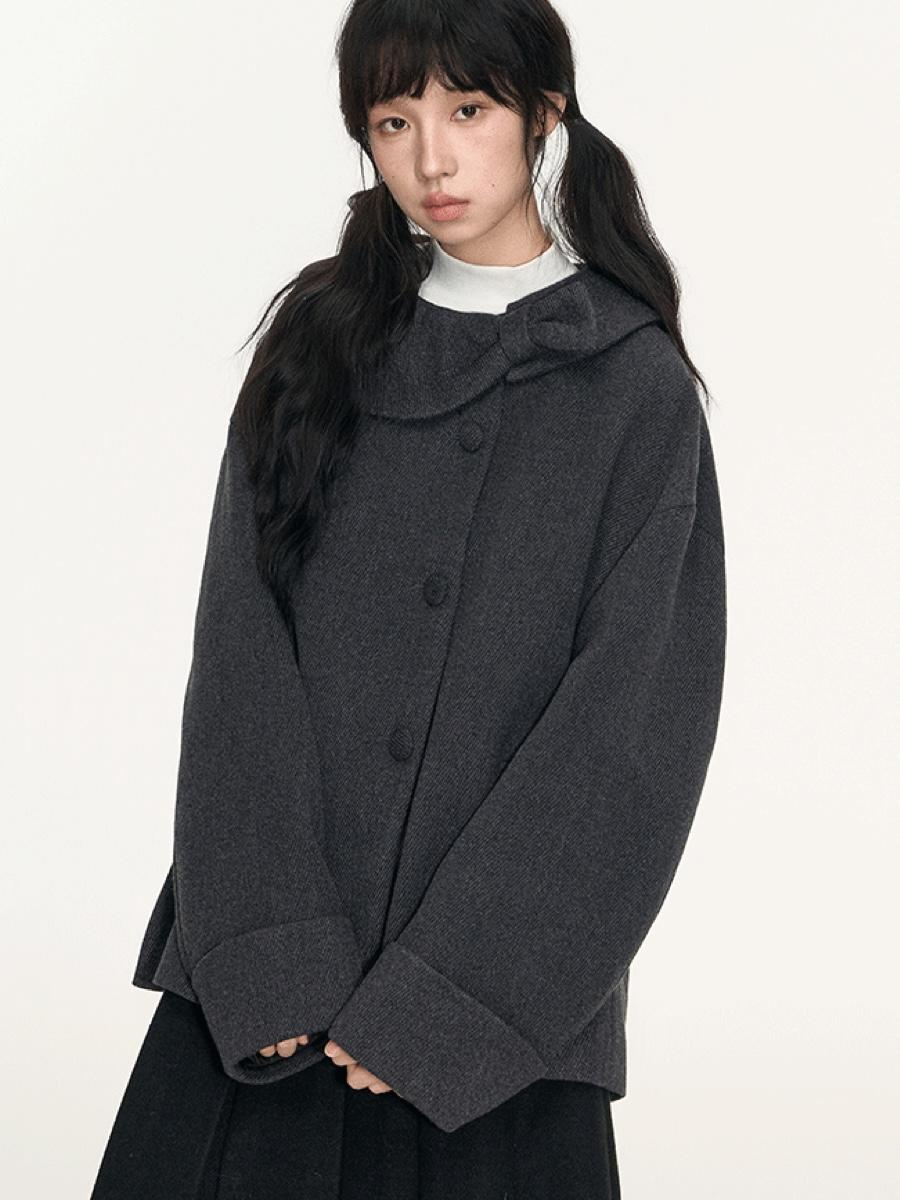 TAKEANAP Ribbon Collar Cocoon Wool Coat