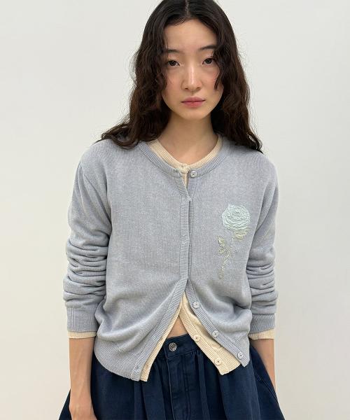 Embroidered Rose Cardigan (Greyish Blue)