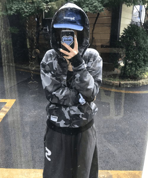 하이넥 black camo (세미오버) 후드집업