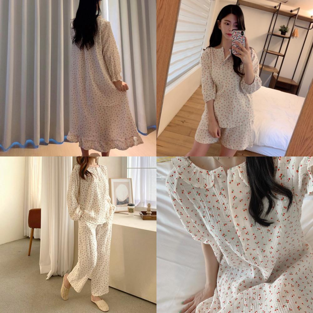 요루 체리 순면 원피스 잠옷 잠옷세트 반팔 긴팔 거즈면 임산부 수유원피스 : BBONIGHT