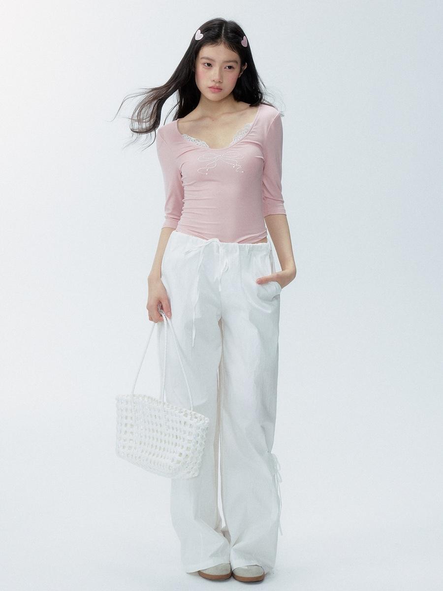 24OLVIDES Slow Walk White Drawstring Wide Pants