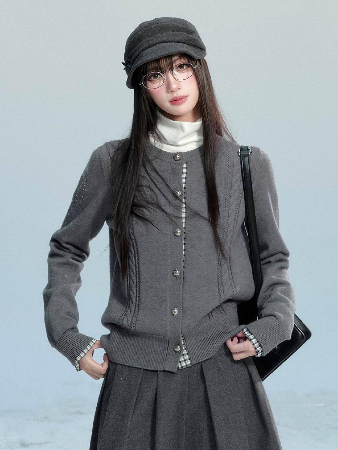 [FRAGILE HEART] Plaid Cable Knit Cardigan