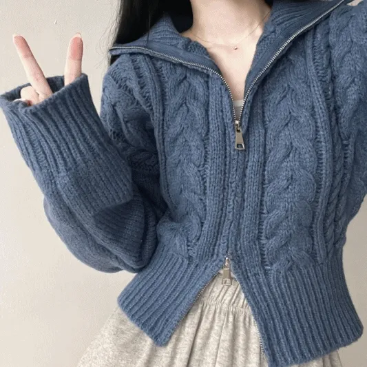 [허리잘록~/아방핏!] 도톰 꽈베기 투웨이 카라 크롭 니트집업