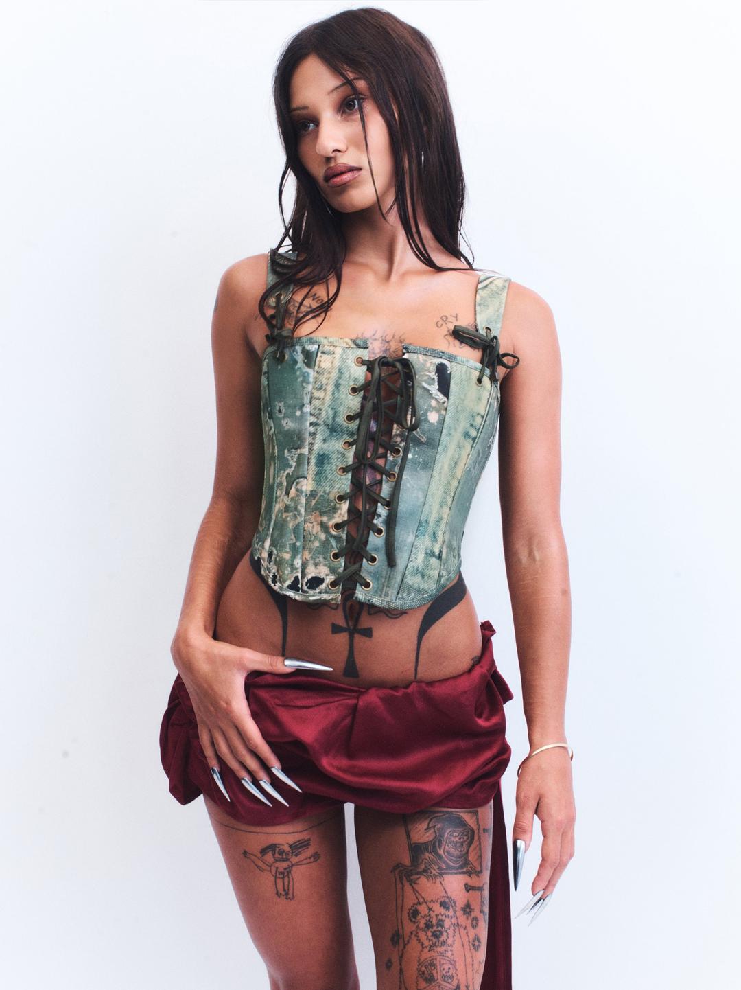 B. GREEN DENIM PRINT CORSET - XXS/XS