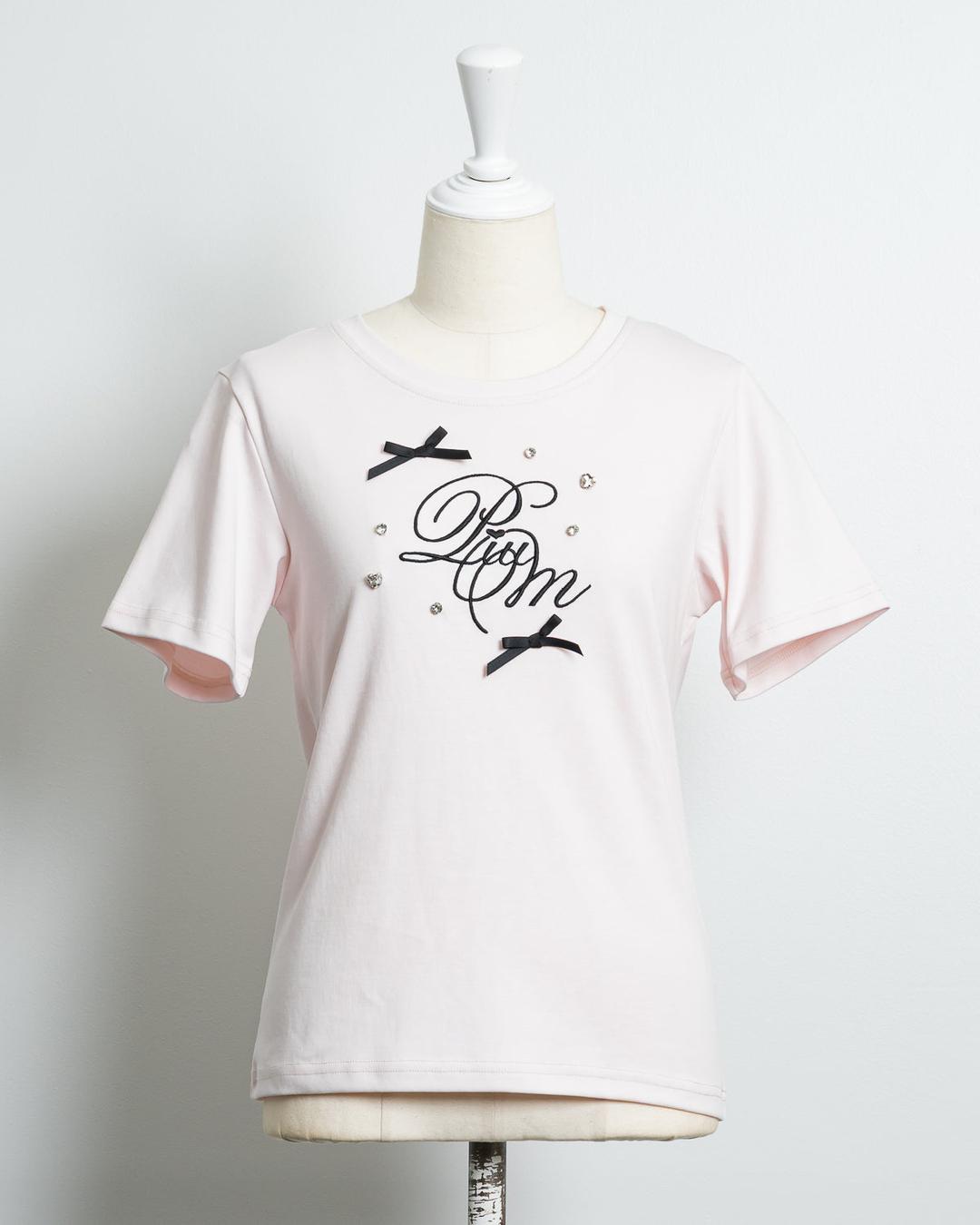 リボンビジューロゴ刺繍Tシャツ