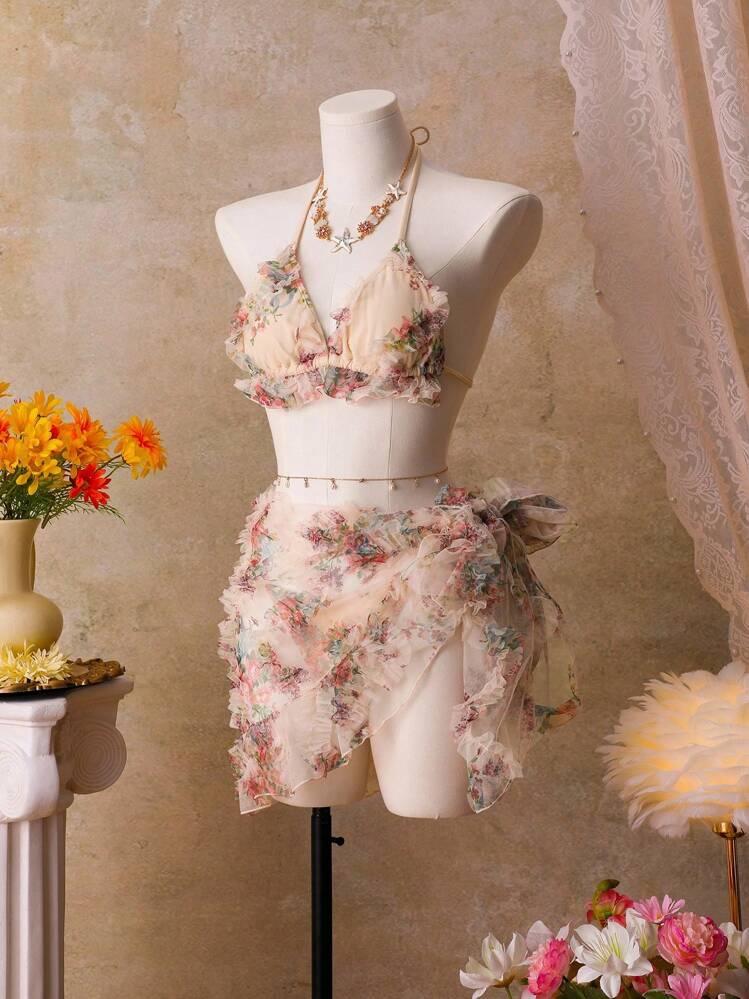 Bellisia 글레머 여성용 3피스 수영복 세트: 삼각형 탑, 스파게티 스트랩 백리스 탑, 리본 장식 전면 타이 사이드 플리츠 스커트, 고품질 휴가 비키니