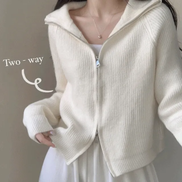 [꾸안꾸💛/도톰폭닥!] 베이 니트 하이넥 카라 투웨이 집업