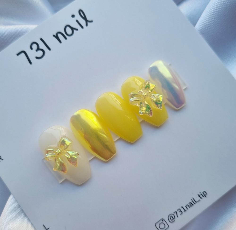 노랑 오로라 리본 수제 네일팁 리본네일 파우더 네일 네일아트 셀프네일