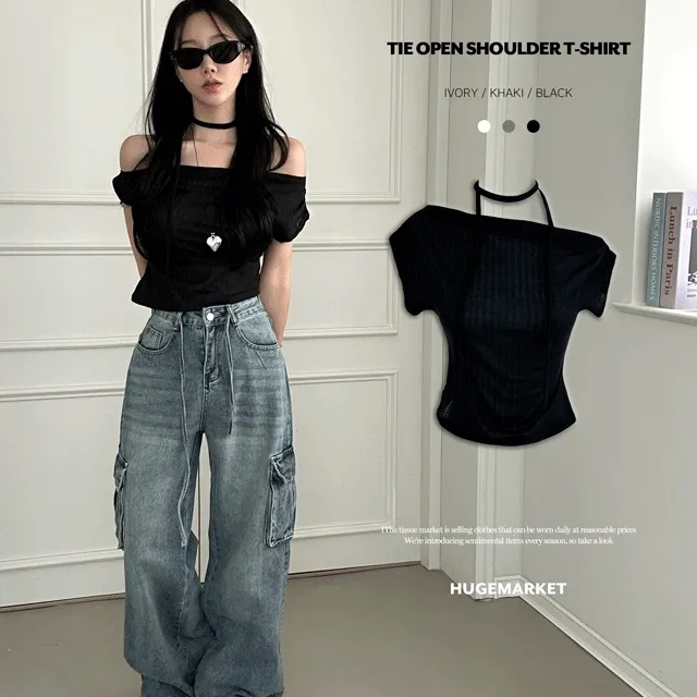 [타이SET/잘록핏*.*] 원오프 타이 셔링 오픈숄더 반팔티,블라우스 - 3color