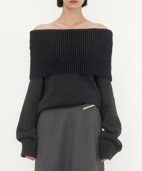 Ribbed Open Shoulder Knit [ Charcoal ]
