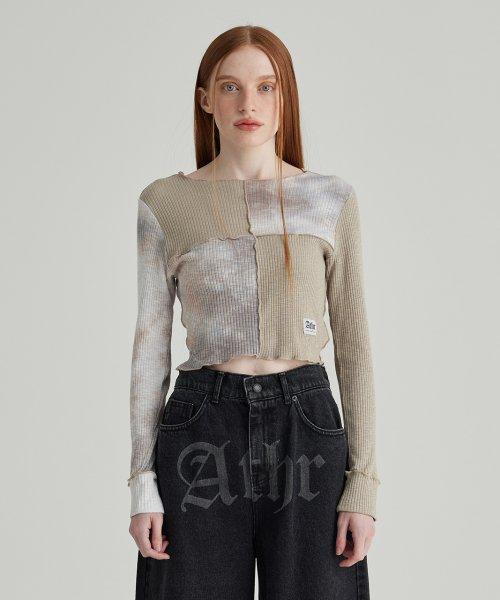 그레이 타이다이 블록 믹스 크롭 긴팔티셔츠